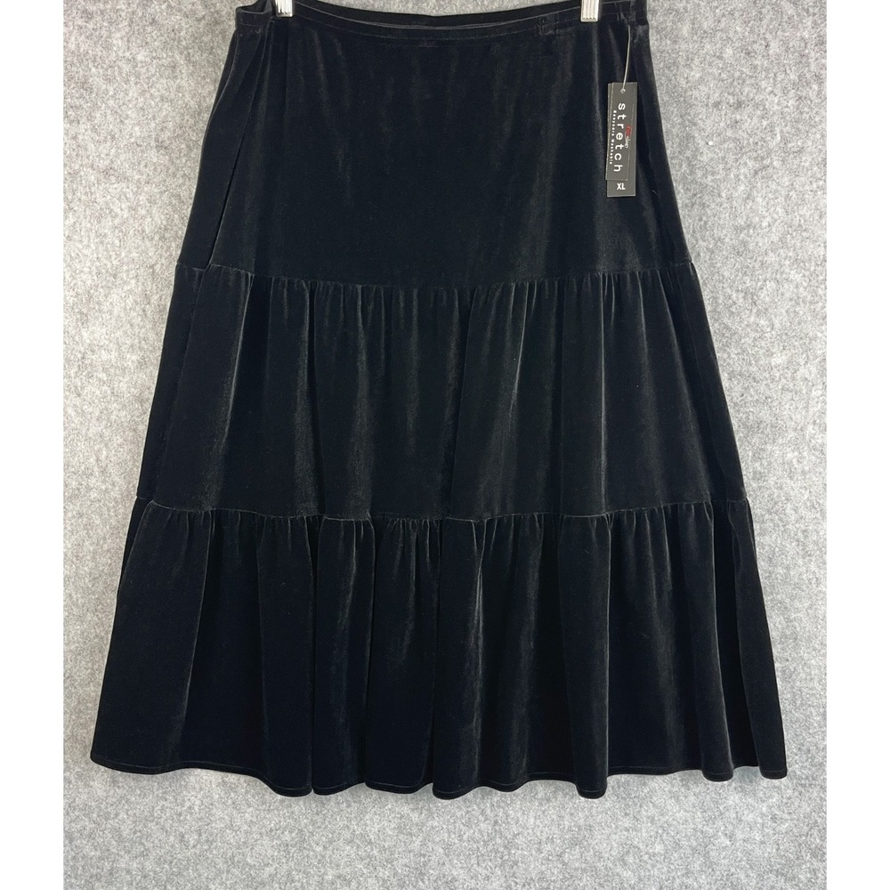 VTG Pantology Velvet Tiered Skirt Womens XL Black Pull On Witchy Goth USA NWT
